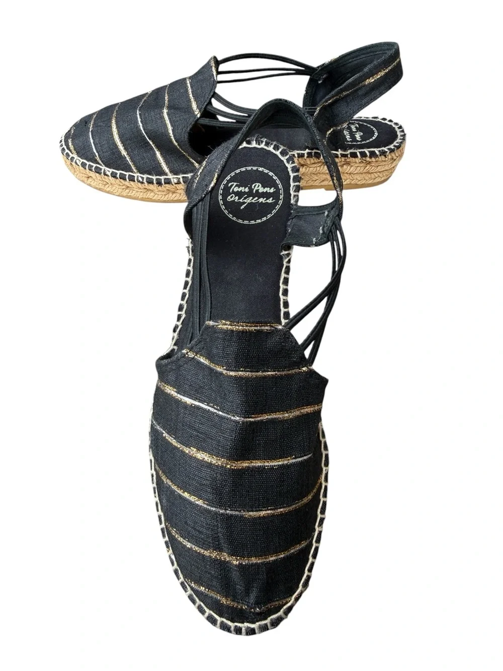 Toni Pons Black Gold Stripe Slingback Espadrilles EU Size 40 US 9 Euro Summer